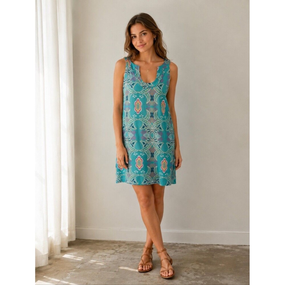 Papillon Sleeveless U Neck Mini Dress Sage Green Scroll Design, M